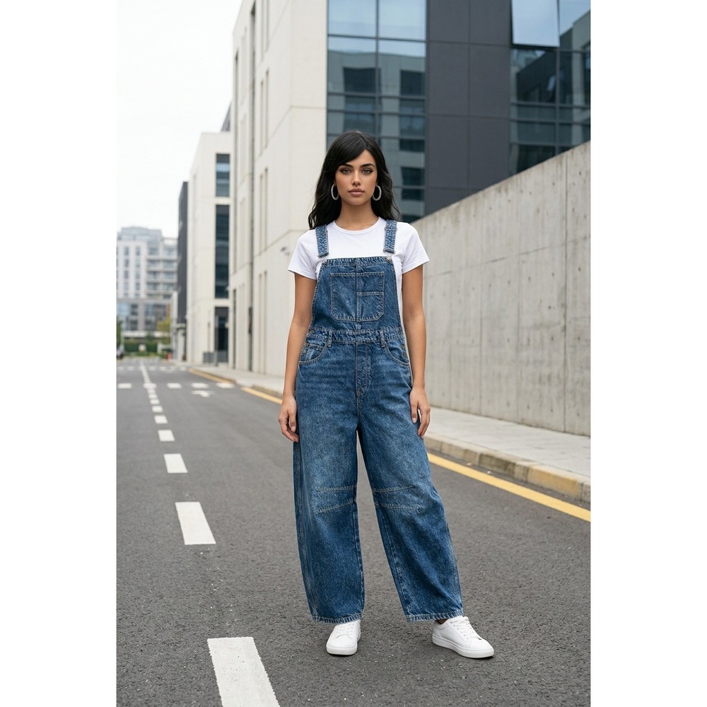 We The Free Barrel Overalls Blue Denim Acid Wash Curved Leg Dungarees XL